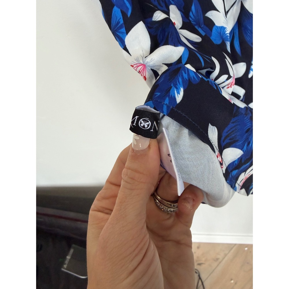 ION Women Tropical Floral Button Down Shirt Navy Blue White Lily Summer Top M - Picture 4 of 7
